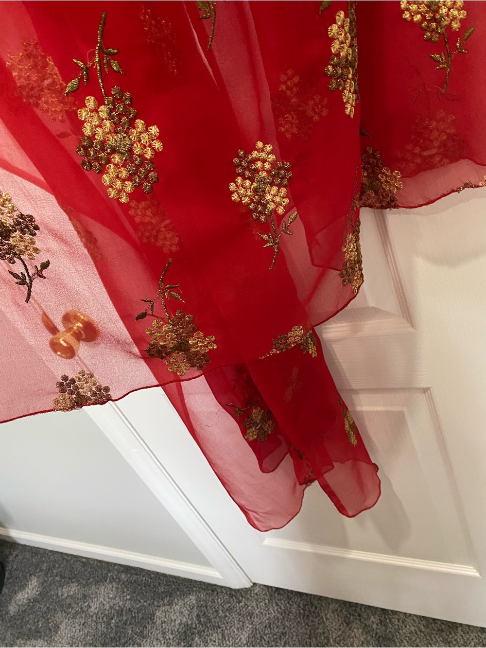 Red Floral Embroidered Sheer Scarf Wrap or dupata - Picture 3 of 8